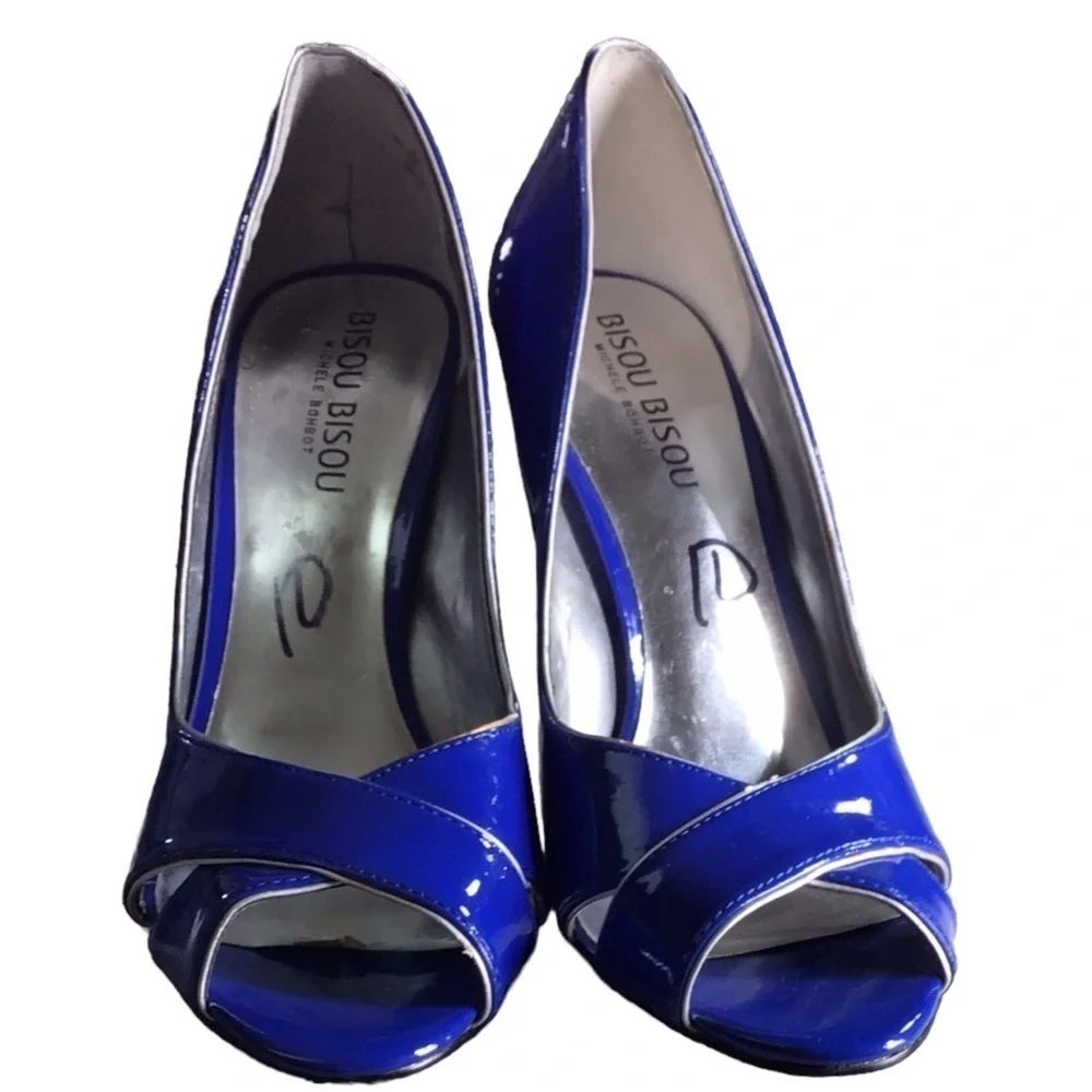 Bisou Bisou  blue peep toe wedge cutout shoes size 7